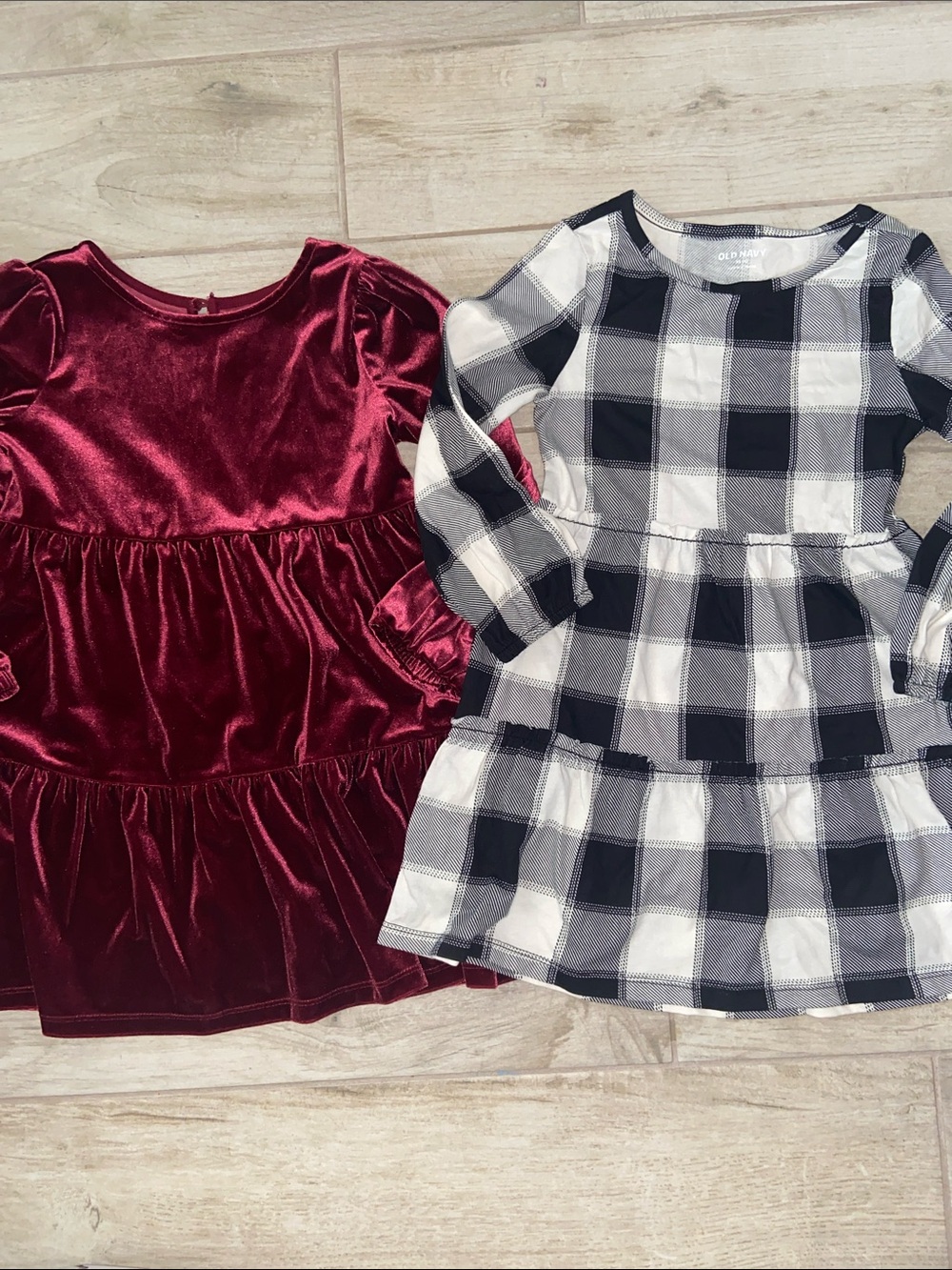 GAP Kids Burgundy Red Velvet Tiered Dress Long Sleeve Dress Black Check XS